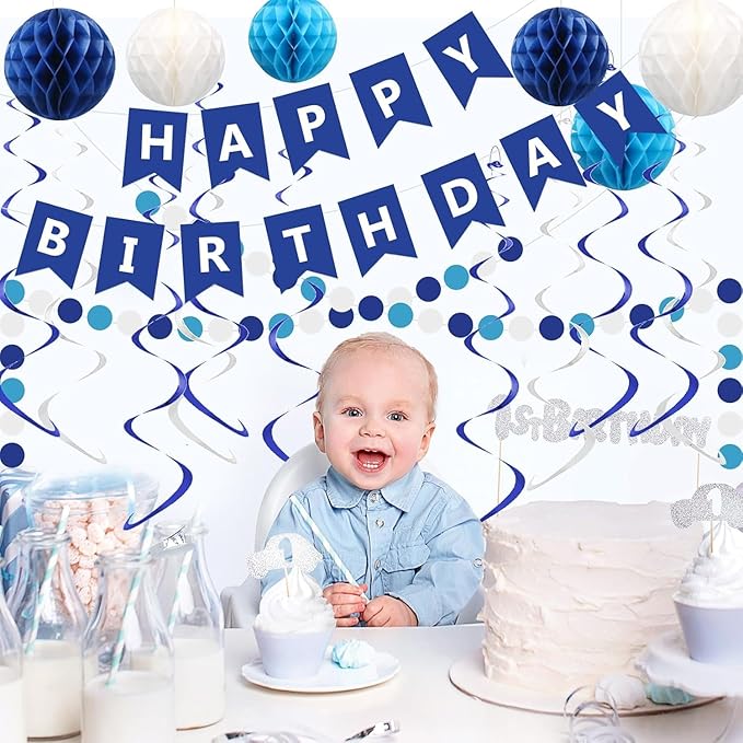 Blue Birthday Decorations Banner Navy Blue Happy Birthday decorations with 6 Honeycomb Balls,6 Metallic Hanging Swirls and Circle Dot Garland Decroations for boys men Birthday Party Decorations