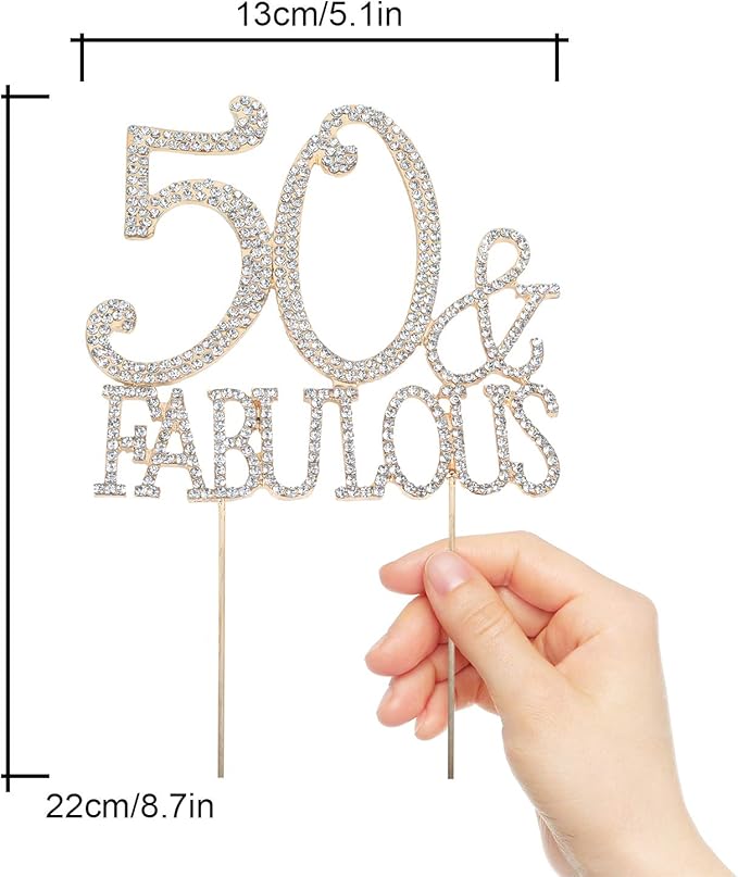 50 & Fabulous Cake Topper 50 Years Birthday Or 50th Wedding Anniversary Gold Crystal Rhinestone Party Decoration