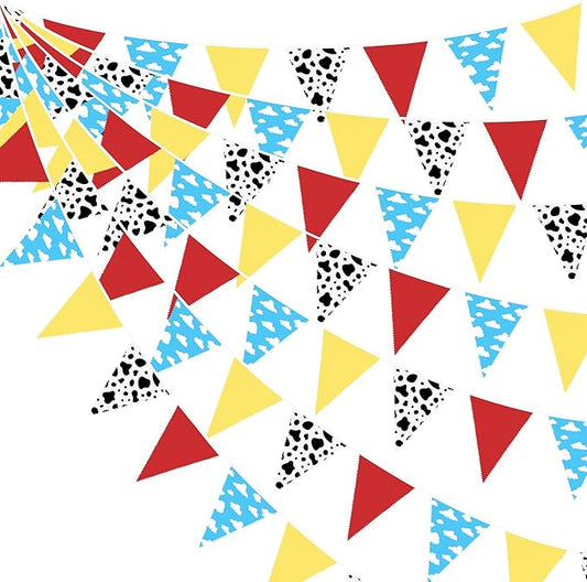 32Ft Cartoon Story Party Decorations Red Blue Yellow Toy Themed Story Fabric Banner Cloud and Cow Print Triangle Pennant Flag Garland Streamers for Kids Birthday Baby Shower Outdoor Garden Supplies