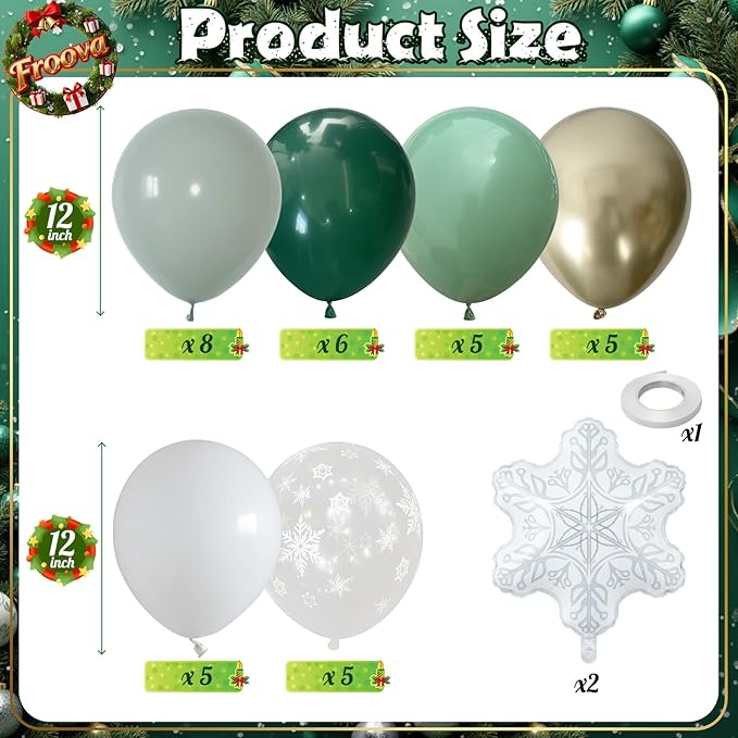 Winter Wonderland Balloon, Dark Sage Green Pastel Green White Metallic Gold Xmas Latex Balloons with Snowflake Foil Balloon for Christmas Winter Onederland Forest Birthday Baby Shower Decorations