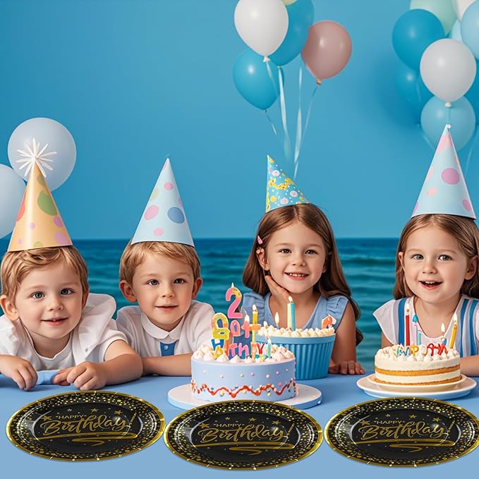 72PCS Happy Birthday Plates and Napkins Party Supplies, Black Gold Dot Paper Plates and Napkins with Forks Disposable Tableware Set for Birthday Party Decorations, Serves 24