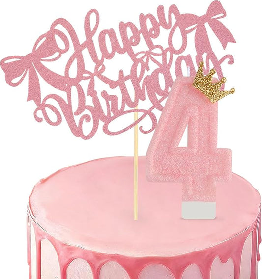 Birthday Candles for Cake, Pink Number Candles, Cake Candles with Cake Topper for Birthday Party Wedding Anniversary Celebrations (4 Candle)