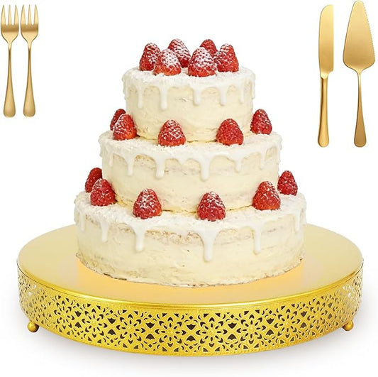 1 Pcs Gold Cake Standwith Cake Forks Knife and Server 16 Inch Round Cookies Serving Tray Wedding Cupcake Display Holder Large Metal Cupcake Dessert Stand for Baby Shower Birthday Party