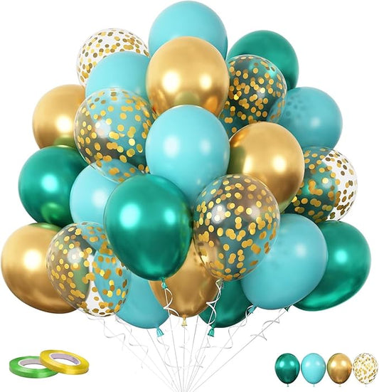 Teal and Gold Balloons, 60PCS Gold Turquoise Balloons Set, 12 Inch Metallic Green Gold Confetti Balloon Teal Blue White Latex Balloon for Wedding Birthday Baby Shower Summer Party Decor