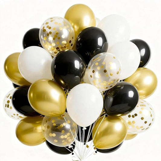 PartyWoo Black and Gold Balloons 66pcs 12 Inch Matte Black White Metallic Chrome Gold Confetti Balloons for Graduation Baby Shower Birthday New Year's Eve Anniversary Bachelorette Party Decorations