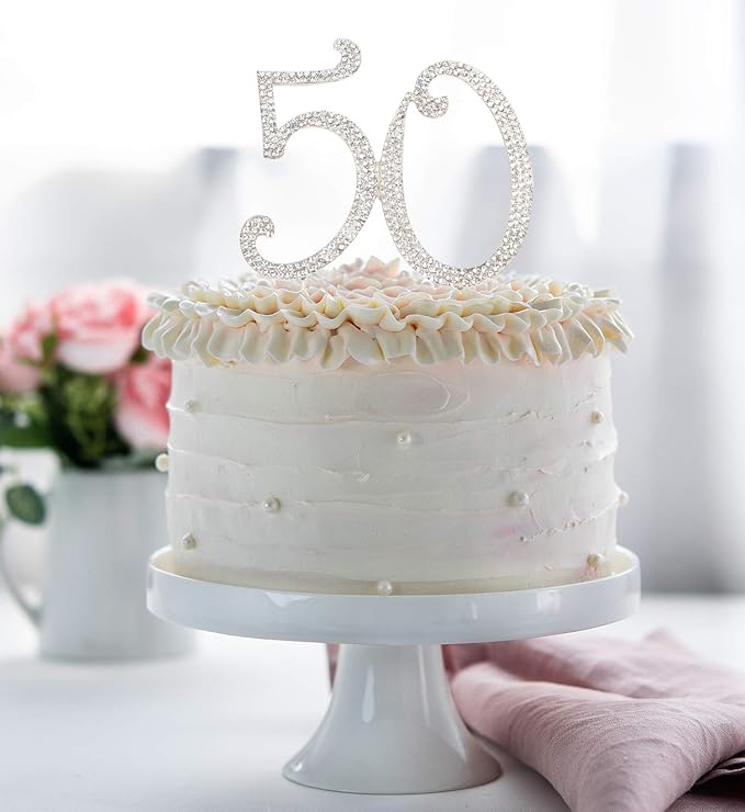 Bling Crystal Rhinestone 50 Birthday Cake Topper - Best Keepsake | 50th Party Decorations Silver