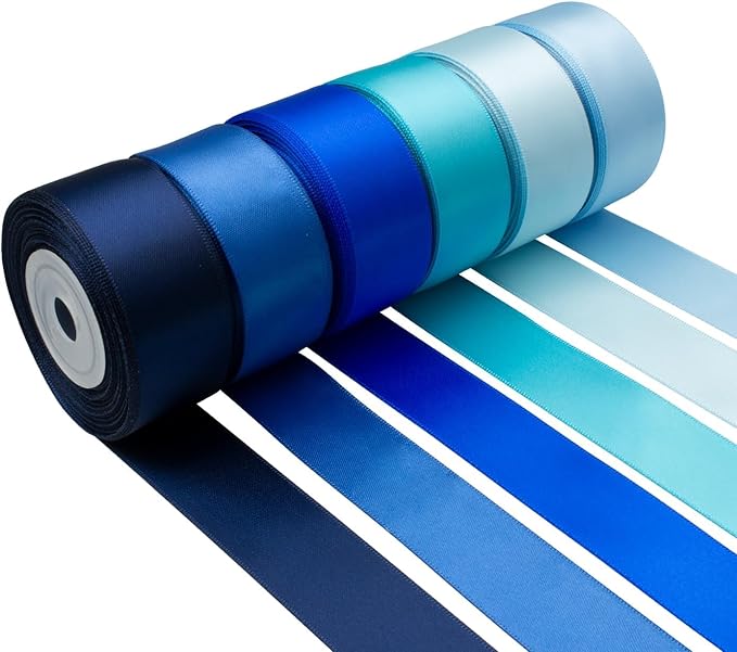Satin Ribbon 1 Inch Wide Assorted Solid Color Double Faced - Navy, Royal, Light Blue - 60Yds for Flower Bouquet Wedding Invitation Crafts Gift Wrapping Hair Bows