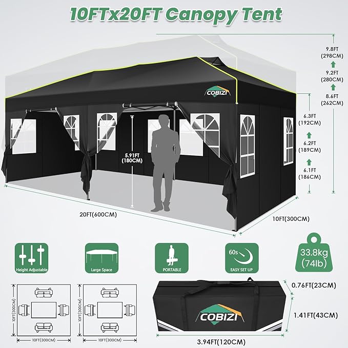 COBIZI 10x20 Pop Up Canopy Tent with 6 Removable Sidewalls, One Push Party Tent Outdoor Waterproof Event Canopy with Air Vent for Parties Commercial Wedding, 3 Height, Carry Bag, Sandbag, Black