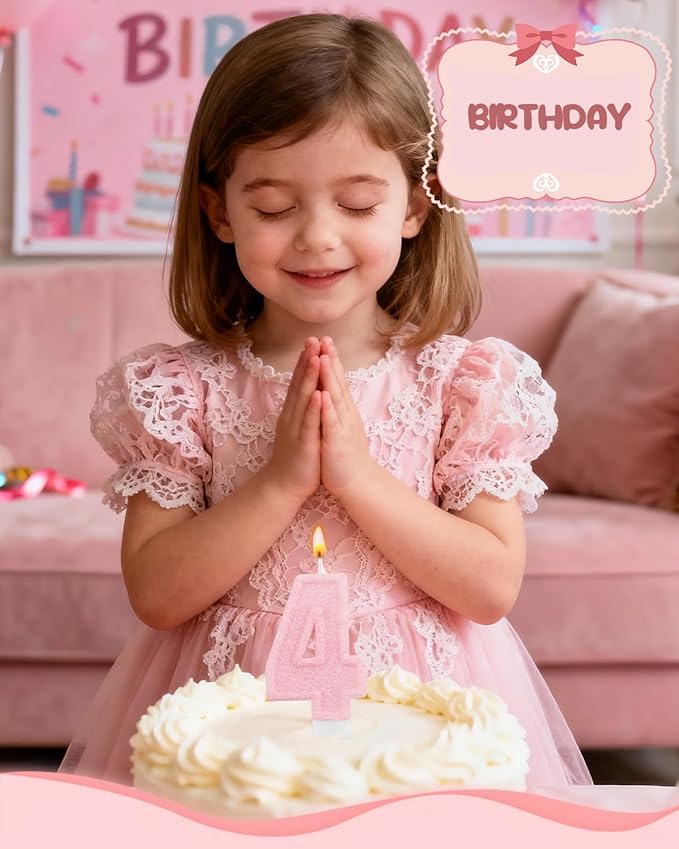 Birthday Candles for Cake, Pink Number Candles, Cake Candles with Greeting Card for Birthday Party Wedding Anniversary Celebrations (Bright Pink 4 Candle)