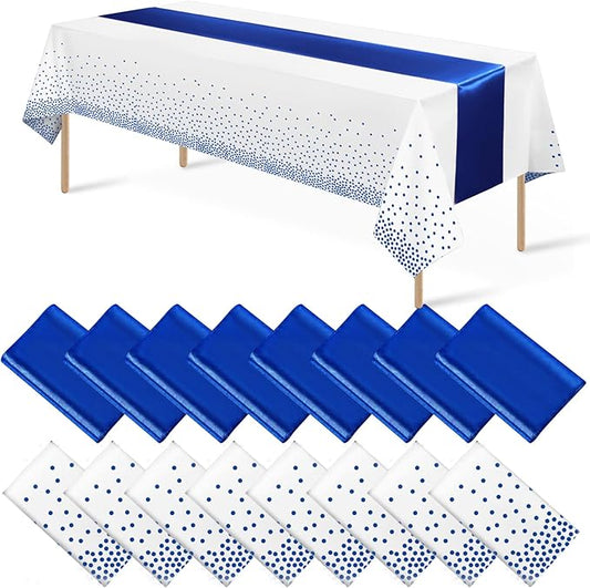 16Pack Disposable Plastic Tablecloths and Satin Table Runner Set White and Blue Dot Tablecloth Blue Satin Table Runner for Wedding Birthday Baby Shower Anniversary Christmas New Year Party Supplies