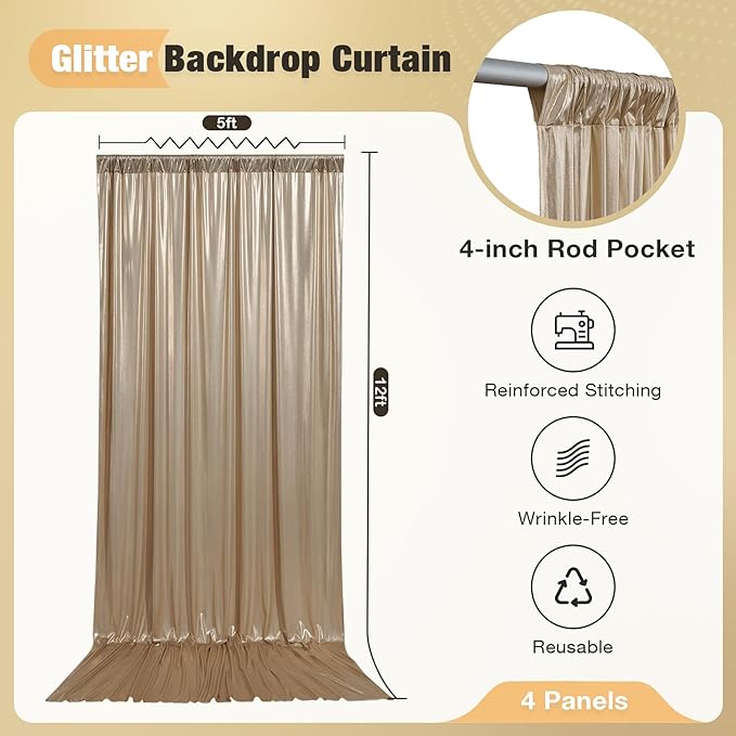 20x12FT Champagne Sequin Backdrop Curtain for Party - 4 Panels 5x12FT Wrinkle-Free Shimmer Drapes for Birthday, Wedding, Christmas, Decorations & Photography