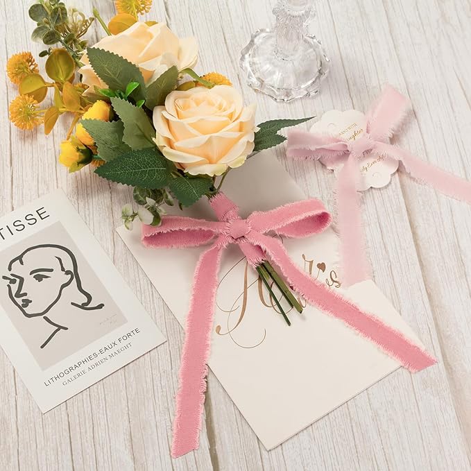 Pink Cotton Ribbon 5/8 Inch Pink, Baby Pink & Dusty Rose 3 Rolls 21 Yards Frayed Edge Fabric Set for Wedding Invitations, Bridal Shower, Baby Shower Decor, Bouquet Wrap & Gift Wrapping