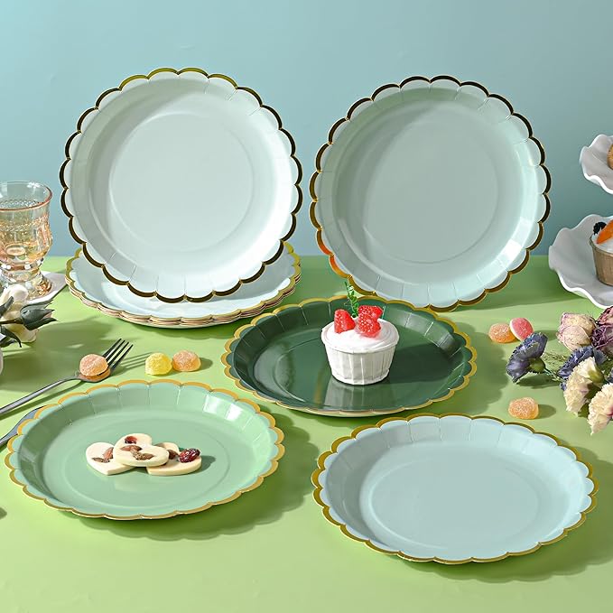 AimFun 24 Pcs Sage Green Scalloped Party Plates St Patricks Day Gold Foil Paper Plates Disposable 9inch Gradient Serving Plates for Birthday Wedding Bridal Baby Shower Party Supplies