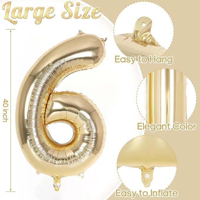 Champagne Gold Large Number 6 Balloon, 40 Inch Light Gold Foil Helium Number Balloons, Giant Mylar Number 6 Balloons for 6 Years Old Birthday Party Anniversary Decorations