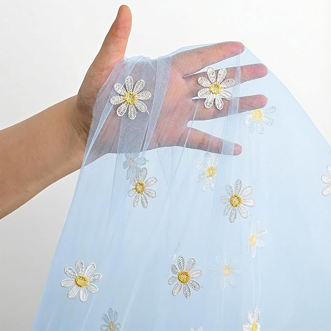 Horaldaily Blue Embroidery Daisy Spring Summer Gauze Tablecloth 60×120 Inch Rectangular, Seasonal Tulle Table Cover, Garden Party Decorations for Wedding, Party, Holiday Dining