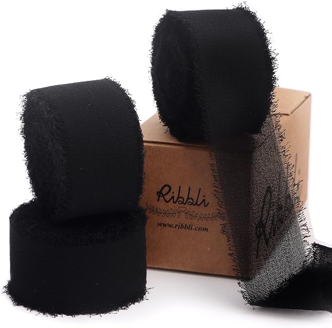 Ribbli Black Ribbon 1 Inch x 3 Rolls Total 24 Yards Handmade Fringe Chiffon Silk Ribbon for Wrapping Wedding Invitations Bridal Bouquets DIY Crafts Home Decor