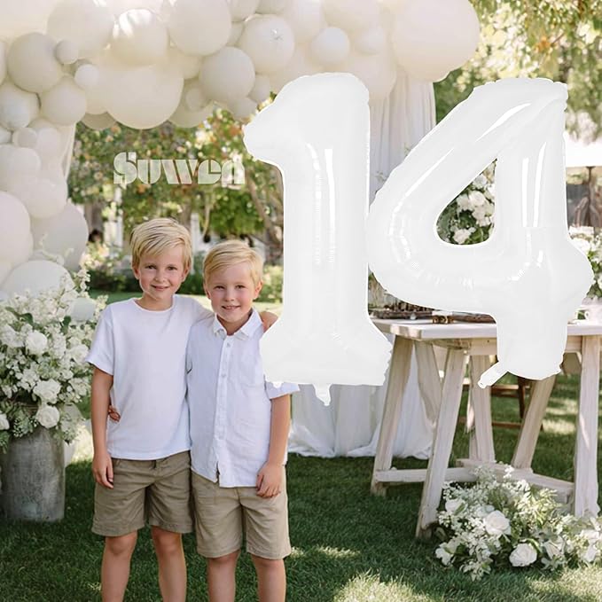 SUWEN 40 Inch White Large 14 Number Balloons Big Foil Helium Number Balloons 0-9 Giant Jumbo Happy 14th Birthday Party Decorations for Boy or Girl Huge Mylar 41 Anniversary Party Supplies