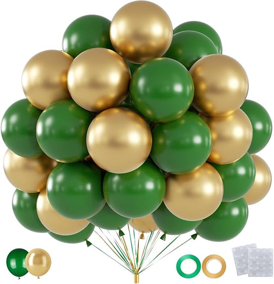 60pcs St. Patrick's Balloons, 12inch Green and Gold Latex Balloons for St. Patrick's Day, Jungle Safari Birthday, Christmas Party Decorations (With Ribbons)