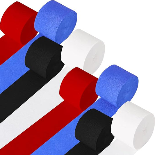 8 Rolls Red Blue Black Crepe Paper Streamers, Red Blue White Party Streamer Carnival Decoration, for Birthday Spider Circus Theme Party Decorations