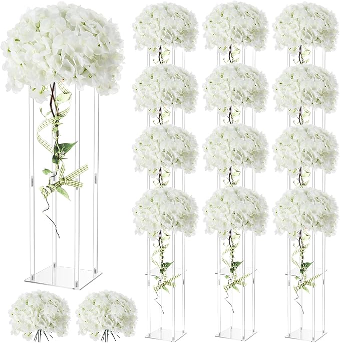 Geetery Tall Acrylic Wedding Flower Stand Centerpieces Clear Elegant Vase Column Stand with Artificial Hydrangea Flowers for Wedding Party Table Home Decorations(12 Pcs,28 Inch)