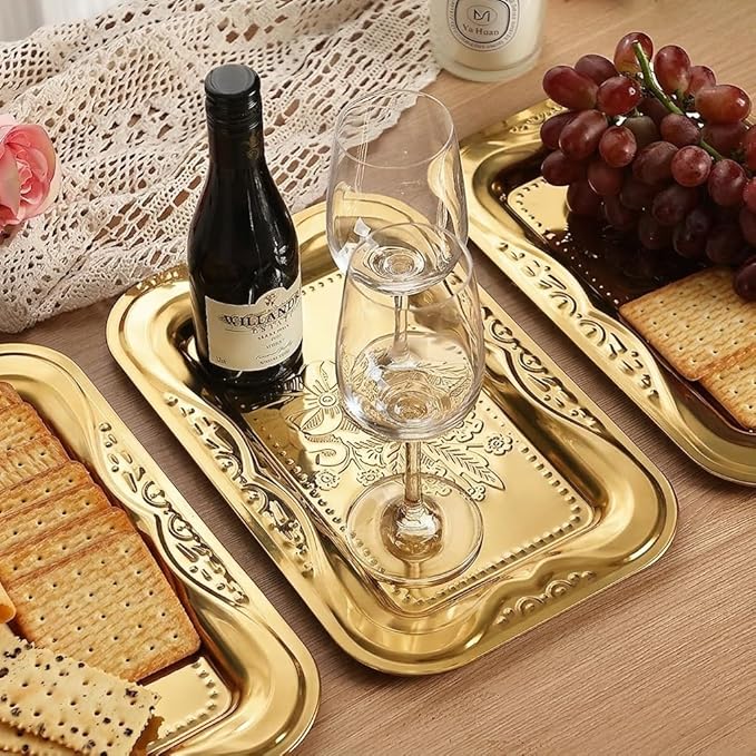4-Pack Gold Serving Trays Set - ZENOVLUX Lightweight Bow Floral Engraved Mirror Decorative Tray, 13.8" x 8.7" Wedding Party Platters for BBQ, Food, Appetizer, Charcuterie, Cookies, Desserts