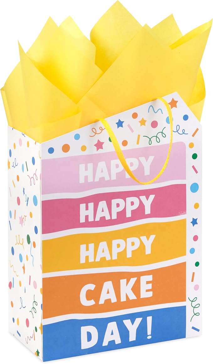 Birthday Hallmark 9" Medium Gift Bag with Tissue Paper (Happy Cake Day, Colorful Confetti) for Kids, Coworkers, Friends