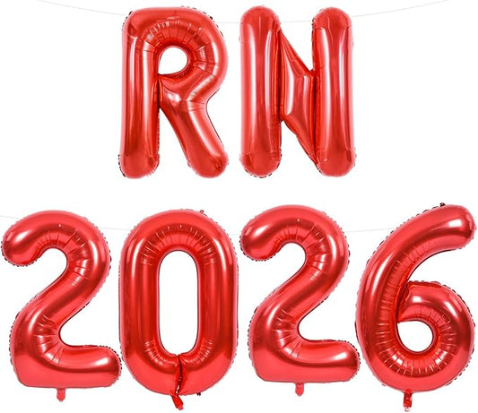 TONIFUL 2026 Nurse Graduation Decorations Red RN 2026 Balloons 16 Inch RN 2026 Banner Class of 2026 Registered Nurse Balloons Decorations 2026 Nursing Graduation Party Supplies