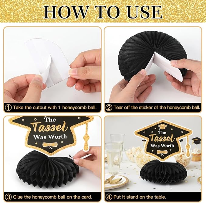 Graduation Decorations Class of 2026 Honeycomb Centerpieces, 9PCS Graduation Centerpieces for Tables, Congrats Grad Table Toppers Decor for 2026 Graduation Party Decoration Favor Supplies (Black Gold)