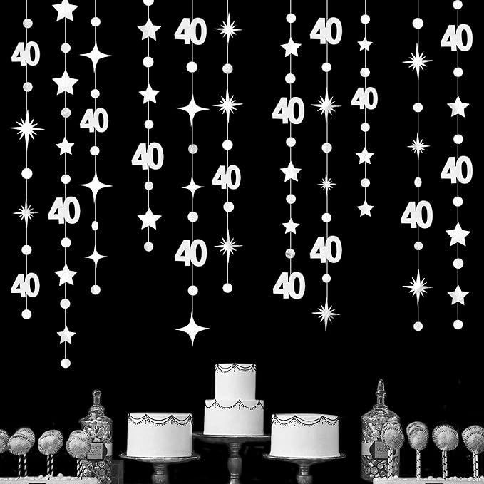Silver 40th Birthday Decorations Number 40 Circle Dot Twinkle Star Garland Metallic Streamer Banner Backdrop for Women Mens Cheers to 40 Years 40 and Fabulous Happy 40th Anniversary Party Supplies