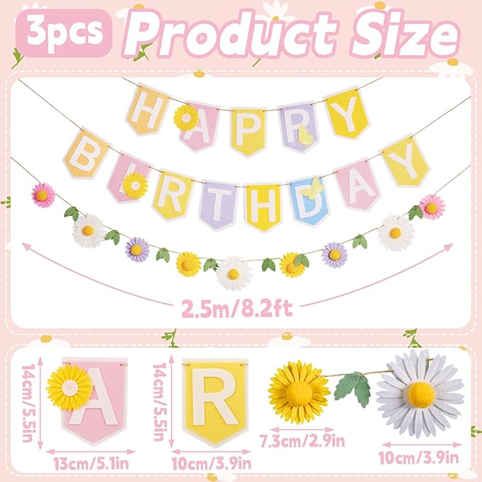 SUNBEAUTY Felt Pastel Happy Birthday Banner Daisy Garland Banner Colorful Floral Green Leaves Garland Daisy Party Decorations for Women Girls Boho Birthday Baby Shower Spring Summer Garden (8.2ft)