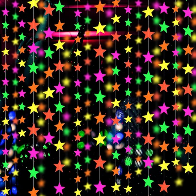 110feet UV Star Paper Neon Garland Streamers Black Light Decorations for Dark Glow Party UV Reactive Party Favors Glow in The Dark Supplies Wedding Birthday Banners