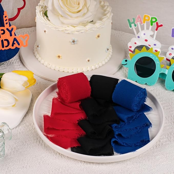 Chiffon Ribbon, Black Red Blue Silk Ribbon, Spider Theme Party Decoration, 1-1/2''x21Yd Handmade Frayed Fringe Ribbon for Wrapping, Floral Vase, Crafts, Invitation Card, Birthday, 3 Rolls