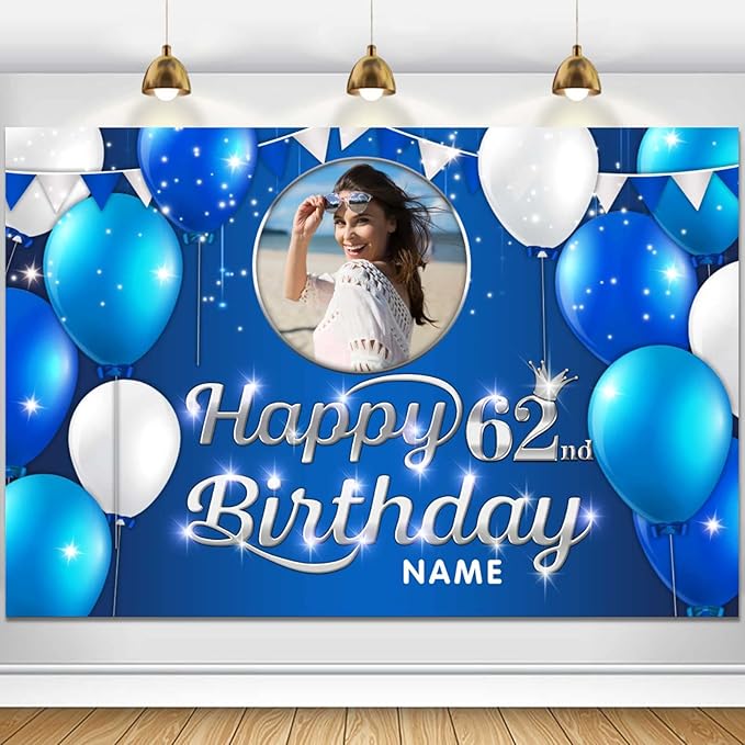 Custom Happy 62nd Birthday Decoration Banner - Personalized Navy Blue Birthday Party Banner in Large Sizes-Custom Photos and Names