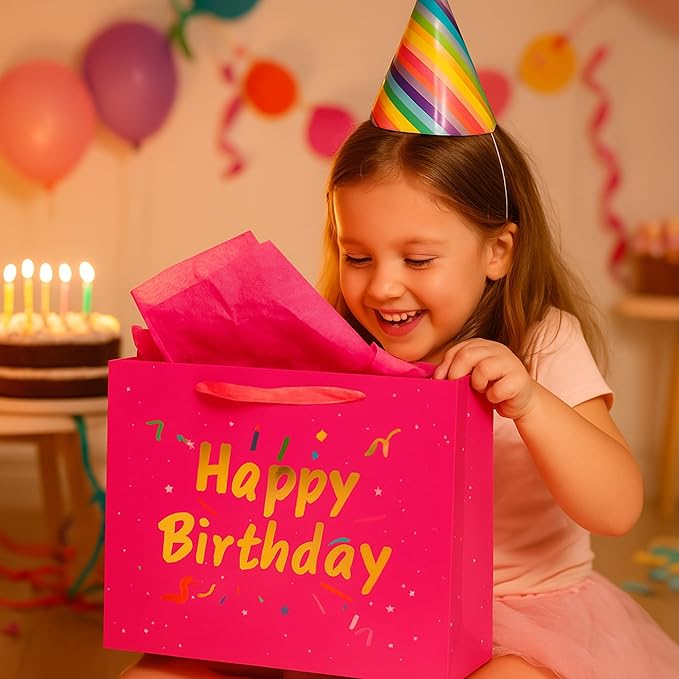 Febbleshow Pink Birthday Gift Bags with Tissue Paper - Matte Finish with Gold Foil Lettering and Confetti Design - Birthday Party Gift Bag for Men Women Kids - 13"x10.3"x4.7" (Pack of 2)
