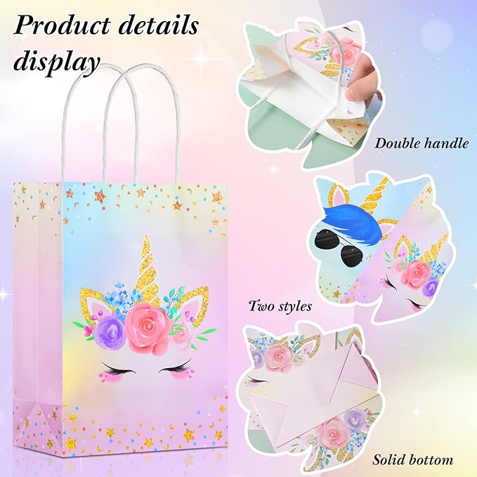 Gersoniel 16 Pcs Unicorn Party Favor Bags with Handles Unicorn Gift Goodie Treat Bags for Birthday Party Favors Supplies(For Girls and Boys, 8.27 x 5.9 x 3.15 Inch)