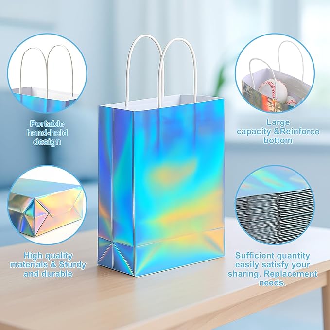 LIQWEI 36PCS Iridescent Gift Bags with Handles, Holographic Party Favor Bag Reusable Glitter Foil Paper Candy Goodie Bag Gift Handbag for Disco Wedding Graduation Birthday Party (8.6x6.3x3.2 Inch)