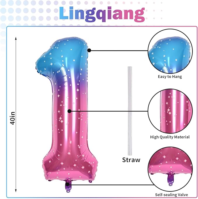 40 Inch Gradient Rainbow Number 1 Balloon for 1st Birthday Decoration, Large Self Inflating Blue Pink Foil Number Balloons 0-9 for Girls, Starry 1 Helium Balloons for Women Party Anniversary Supplies