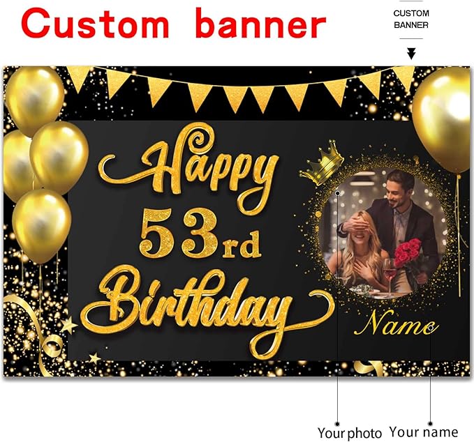 Custom Happy 53rd Birthday Decor Banner - Black Gold, 4x6ft-8x12ft, Personalized, Waterproof, Polyester Fabric, Rectangular, Unisex, Birthday Party