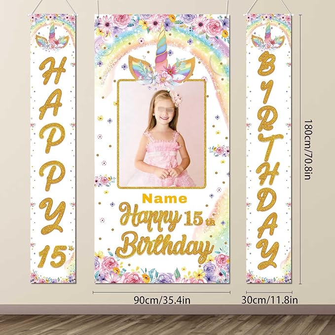 Custom Photo Birthday Banner Set Personalized Door Banners Polyster Backdrop Party Decorations Supplies Background for Birthday Newborn Baby Shower Celebration(Unicorn)
