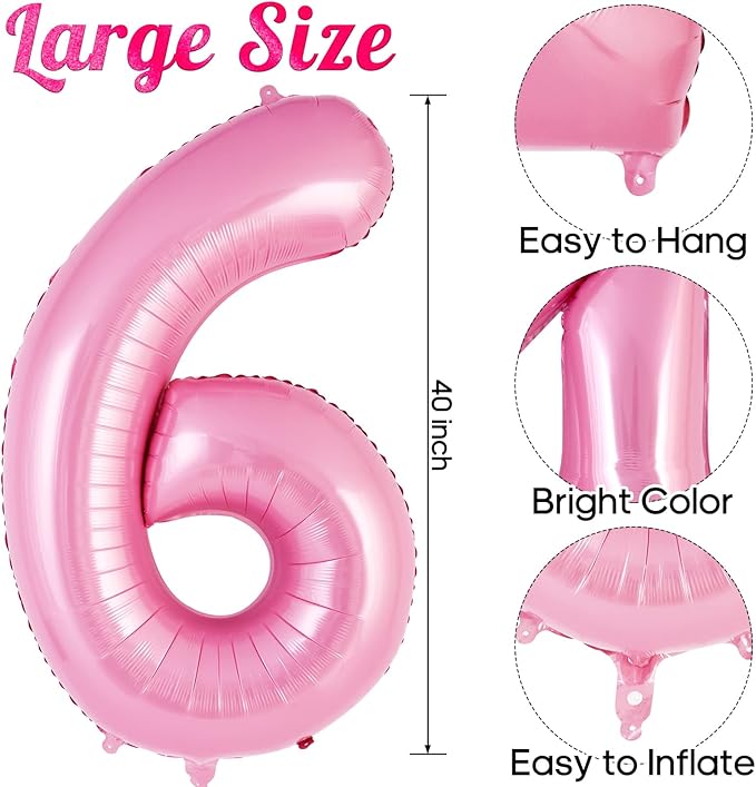 Pink Number 6 Balloon 40 Inch, Big Large Foil Helium Number Balloons, Jumbo Giant Mylar Number 6 Balloons for 6 Year Old Birthday Party Decorations Supplies Anniversary Celebration