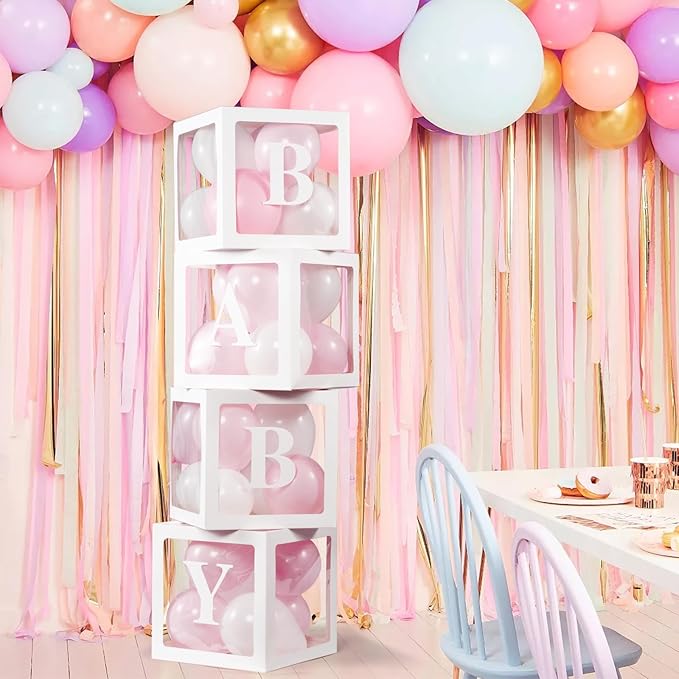 Voircoloria Baby Shower Decorations, 4pcs Transparent Balloon Boxes with Letters, 36Pcs Pink & White Balloons, Reusable, Unisex, for Gender Reveal Party