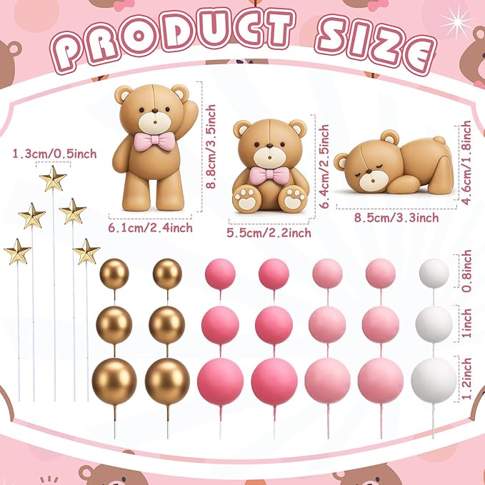 Beeveer 42 Pcs Bear Cake Toppers Bear Balls Cake Decorations Baby Shower Cupcake Toppers Candle Decorations Supplies for Birthday Party Wedding Baby Shower(Pink)