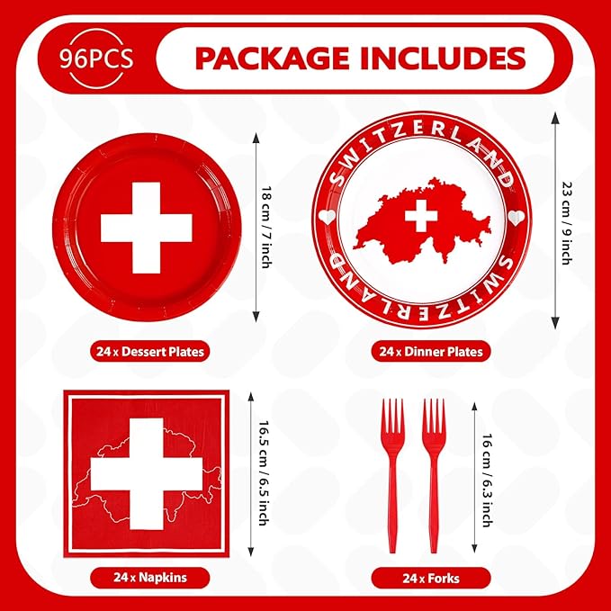Grencian 96Pcs Switzerland Party Supplies Swiss Flag Plates and Napkins Disposable Switzerland Paper Plates Swiss National Day Decorations Tableware Kit for Football Events Travel, Cultural