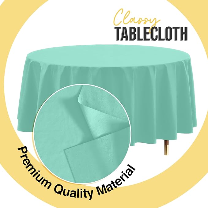 Exquisite 66% Thicker Premium Mint Round Tablecloth 0.5 Mil 12 Pack Plastic Table Cloth Disposable 84 Inch Round Plastic Tablecloth Won't Tear Easily Like Cheap Thin Brands