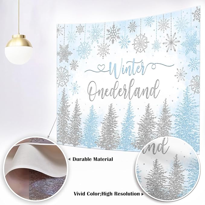 Mocsicka Winter Onederland Backdrop Winter Wonderland First 1st Birthday Party Decoration for Girl Pink Silver Snowflake Christmas Birthday Banner Photo Booth Props (Blue, 8x6ft(96''x72''))