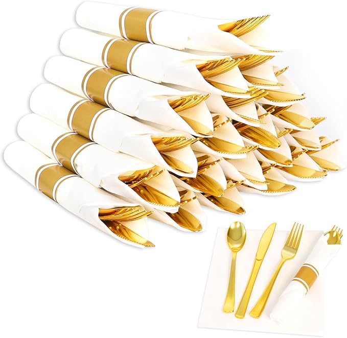 20 Pack Pre Rolled Gold Plastic Silverware Set,Wrapped Plastic Cutlery Set with Napkin Include 20 Forks,20 Spoons,20 Knives and 20 White Napkins for Party,Wedding,Birthday