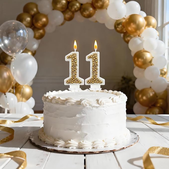 11 Birthday Number Candle for Cake, Glitter Number Candle with Gold Beads, Decorative Cake Topper for Milestone Celebrations