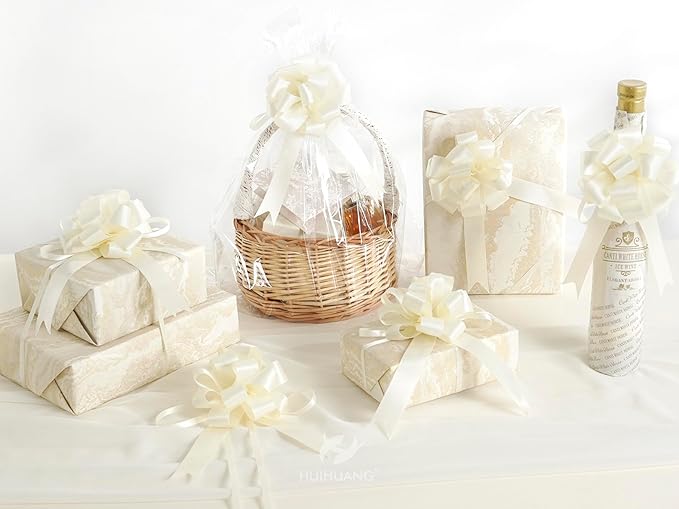 HUIHUANG Ivory Bows for Gift Wrapping 4"x 8" Ivory Satin Pull Bows 12 PCS Gift Bow for Presents, Gift Basket, Paper Bag, Wrapping Accessories, Birthday Wedding Party, Christmas Decor