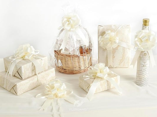 HUIHUANG Ivory Bows for Gift Wrapping 4"x 8" Ivory Satin Pull Bows 12 PCS Gift Bow for Presents, Gift Basket, Paper Bag, Wrapping Accessories, Birthday Wedding Party, Christmas Decor