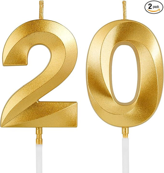 Birthday Candles, 1.96 Inch Number 20 Happy Birthday Candles, Number Candles Decoration for Birthday Party and Anniversary Celebration(Champagne Gold)